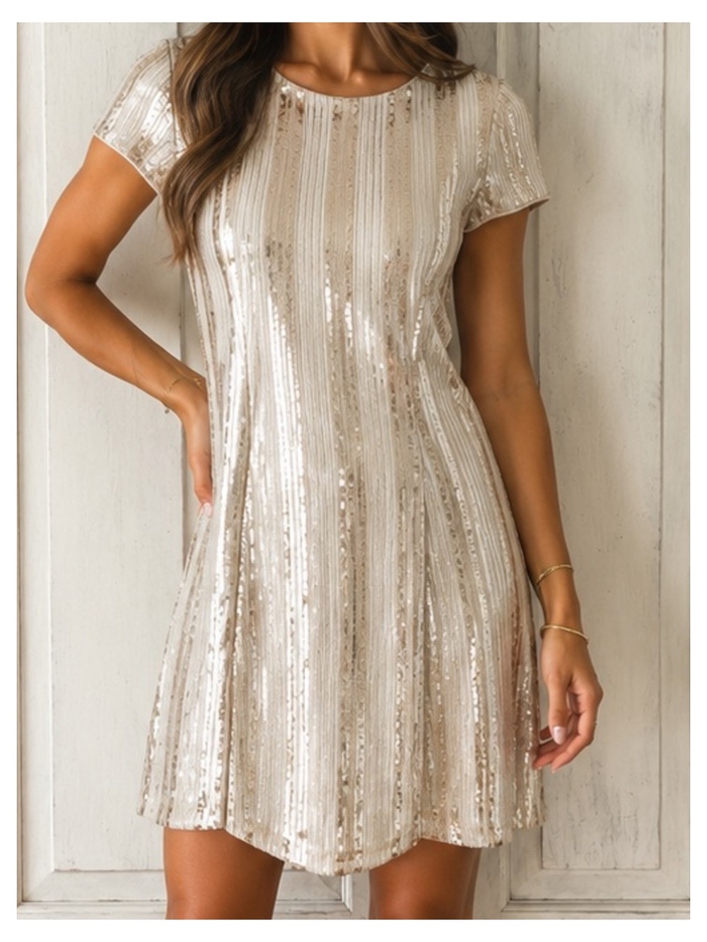NWT JUST ME Short Sleeve Striped Sequin Mini Dress in Gold/Champagne SMALL
